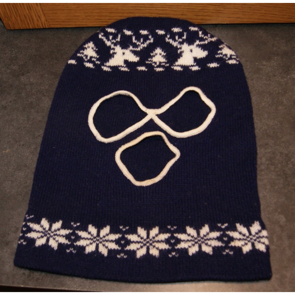 Vintage Ski Mask Knit Snowflake Deer Blue 80s Robber 3 Hole Winter Hat Full Face